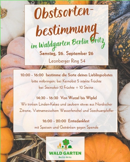 Ankündigung einer Aktion zur Obstsortenbestimmung am 26.09.2026 im Waldgarten Berlin-Britz